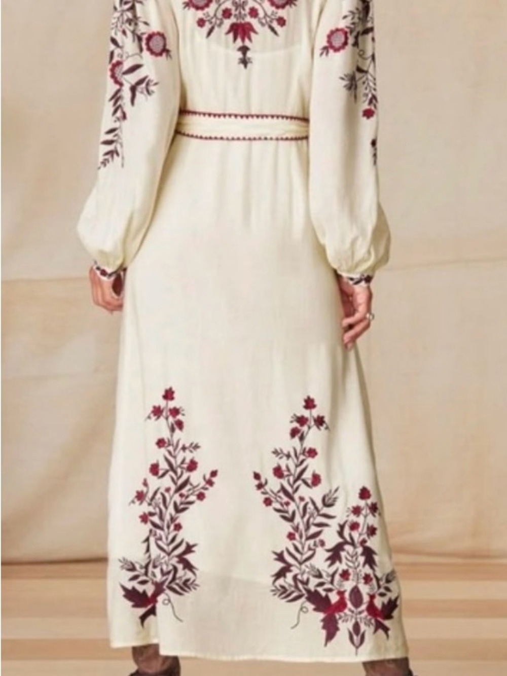 Sundance Jessa MaeCream Maxi Dress bohemian Floral Embroidery and Waist Tie - Picture 4 of 12